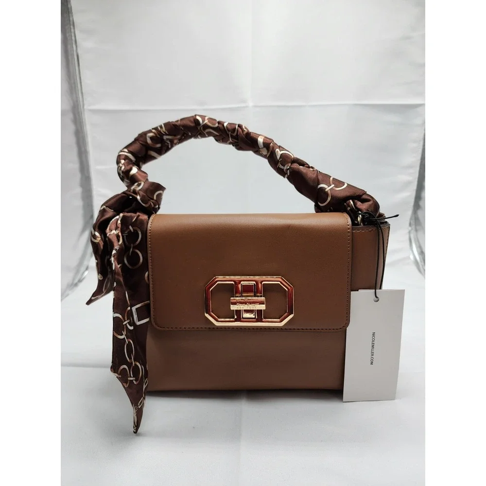 NWT Nicole Miller New York Womens Leather Shoulder Bag Tan Scarf Accent Medium